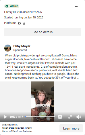 A Facebook ad captured by Poach as a screenshot card with the advertiser, ad copy, dates, and platforms.
